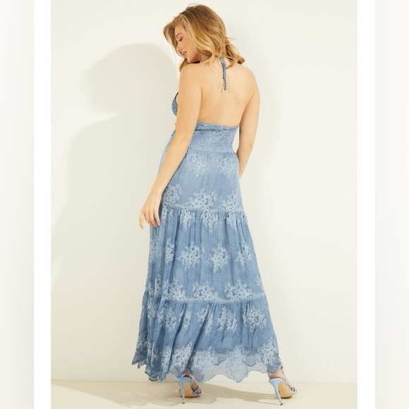 Guess Vanda Crochet V-neck Halter Silk Blend Long Dress Blue Womens Large - Picture 2 of 12